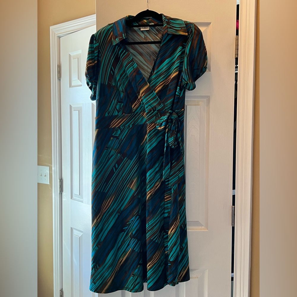 Mock wrap, fit and flare midi